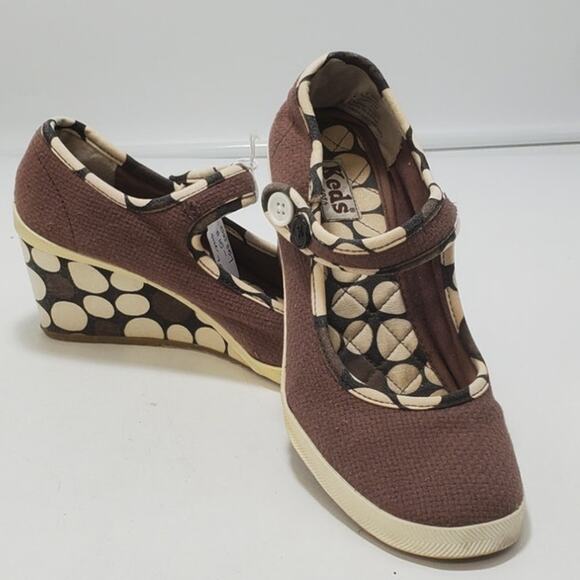 KEDS Brown/Cream Circles Wedge High Heel Shoes Women 7.5M PRE-OWNED - Picture 1 of 9